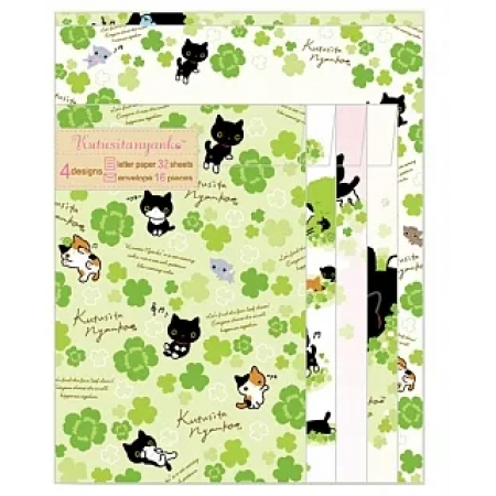 San-X 小襪貓貓朋友幸運草系列信紙組4柄。綠
